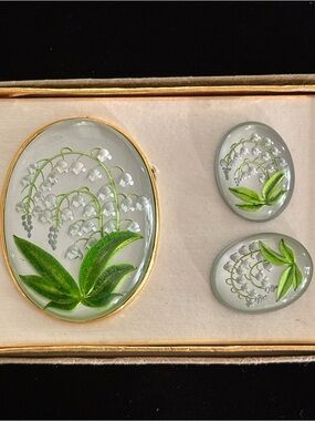 Vintage David Sheir Lily of the Valley Glass Brooch and Earrings Set in Green